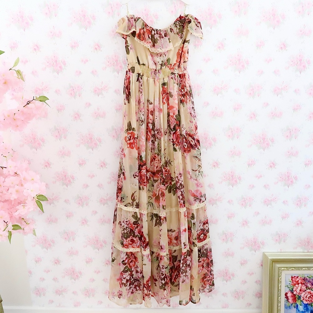 Yumi Y2K Pink Floral Tiered Chiffon‎ Maxi Dress — Fairy Coquette